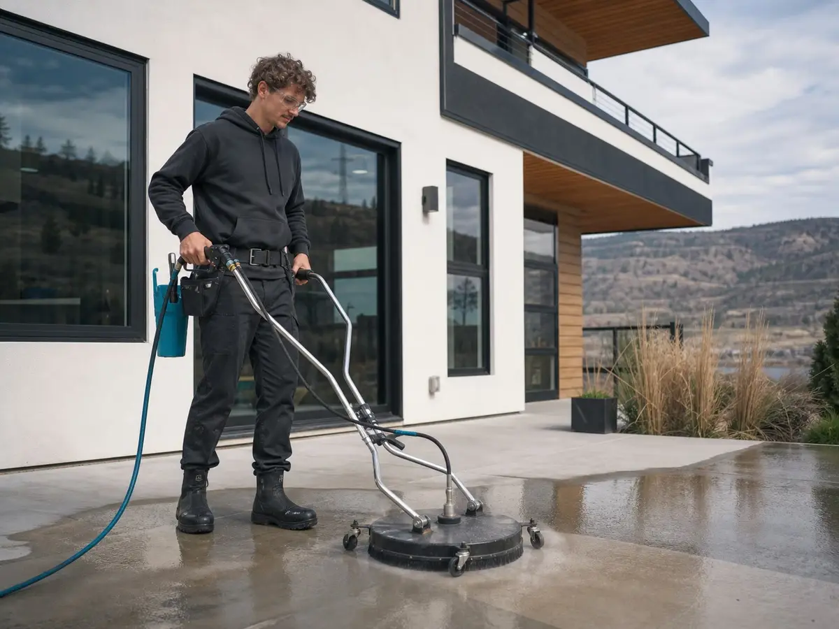 Exterior cleaning technician pressure washing a concrete patio at a modern Okanagan-style home